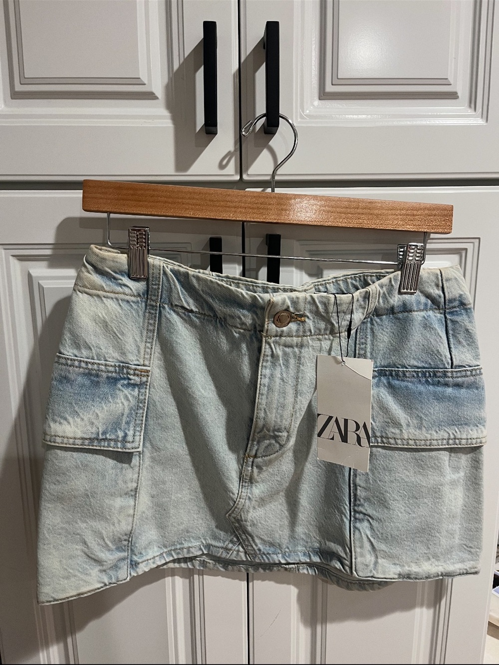 Zara Light Wash Denim Cargo Mini Skirt